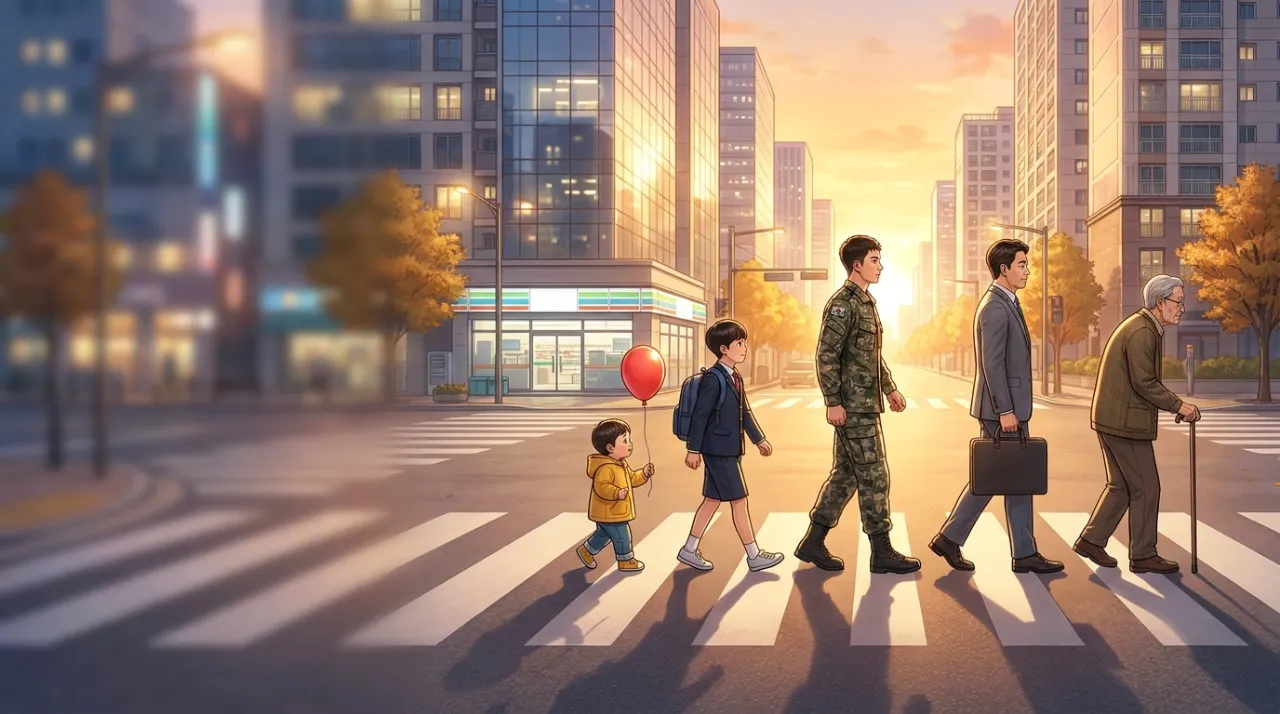 아이부터 노인까지 한 사람의 일생이 횡단보도를 건너는 그림